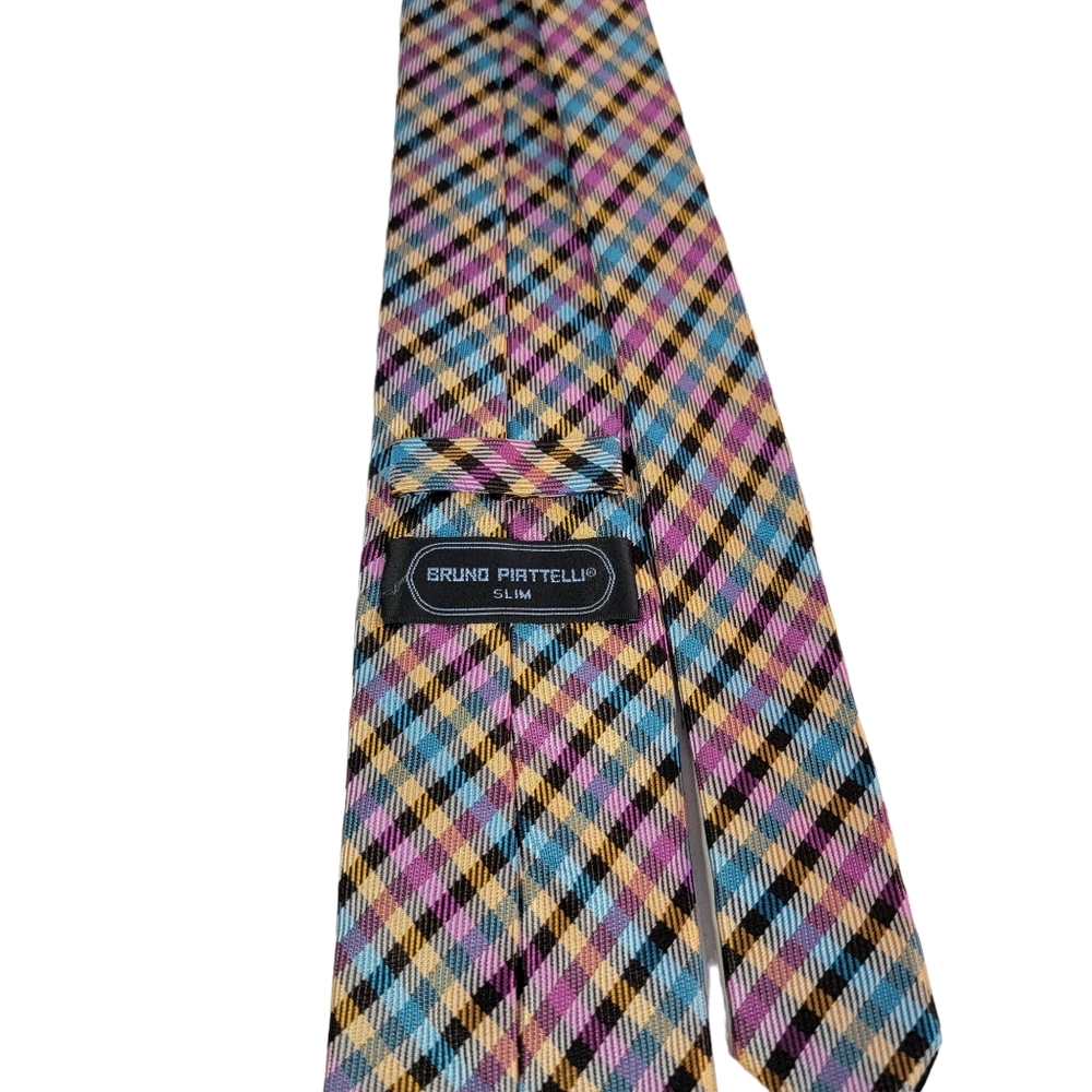 Bruno Piattelli Roma Slim Plaid Checkered Milti Colored Spring Vibes Men's Tie - Picture 8 of 13